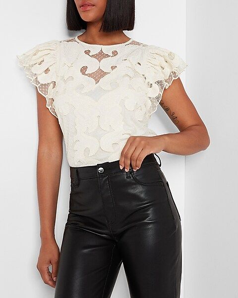 Sheer Lace Short Ruffle Sleeve Top | Express