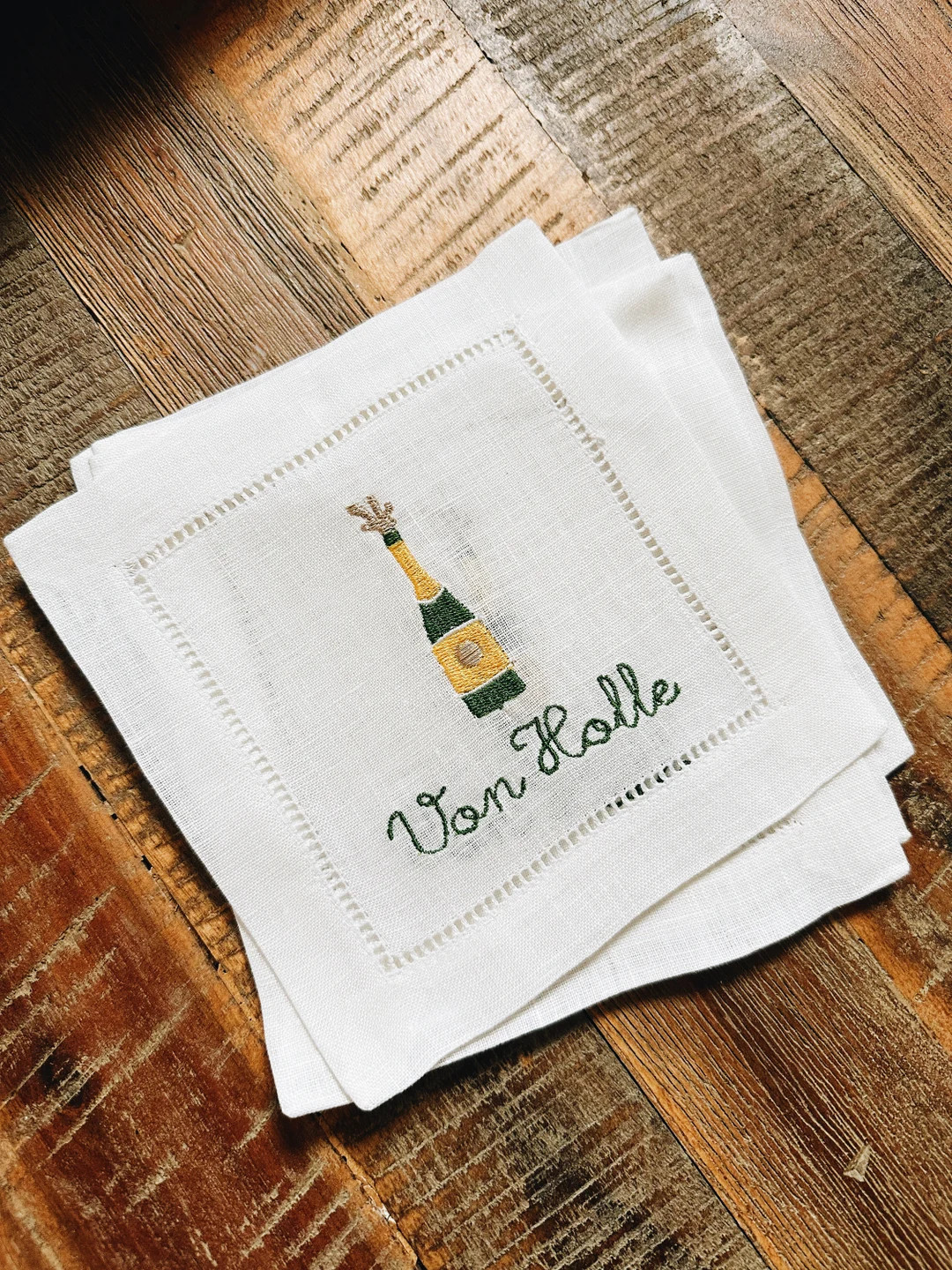 Personalized Champagne Bottle Linen Cocktail Napkins | Etsy (US)