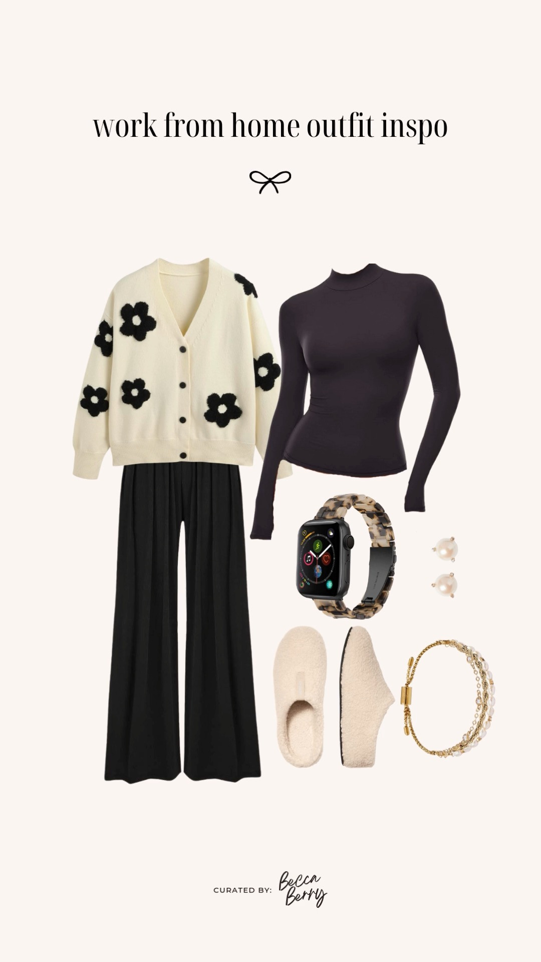 polished and ultra-comfortable WFH set idea: ivory floral knit cardigan, mock-neck double-lined top, and ribbed wide-leg pants. This silhouette feels like loungewear, but the neckline and clean lines translate beautifully on Zoom.

Keep the palette neutral — ivory + black — and add classic pearl earrings and a resin Apple Watch band for a minimal, pulled-together feel. Finish with Bombas slippers for all-day wear.

Fit Notes
• Cardigan: size XL (relaxed, boxy)
• Mock neck: size L (double-lined, body-skimming)
• Pants: size XL (soft rib knit, elastic waist)

#LTKgrwm #LTKMidsize #LTKWorkwear