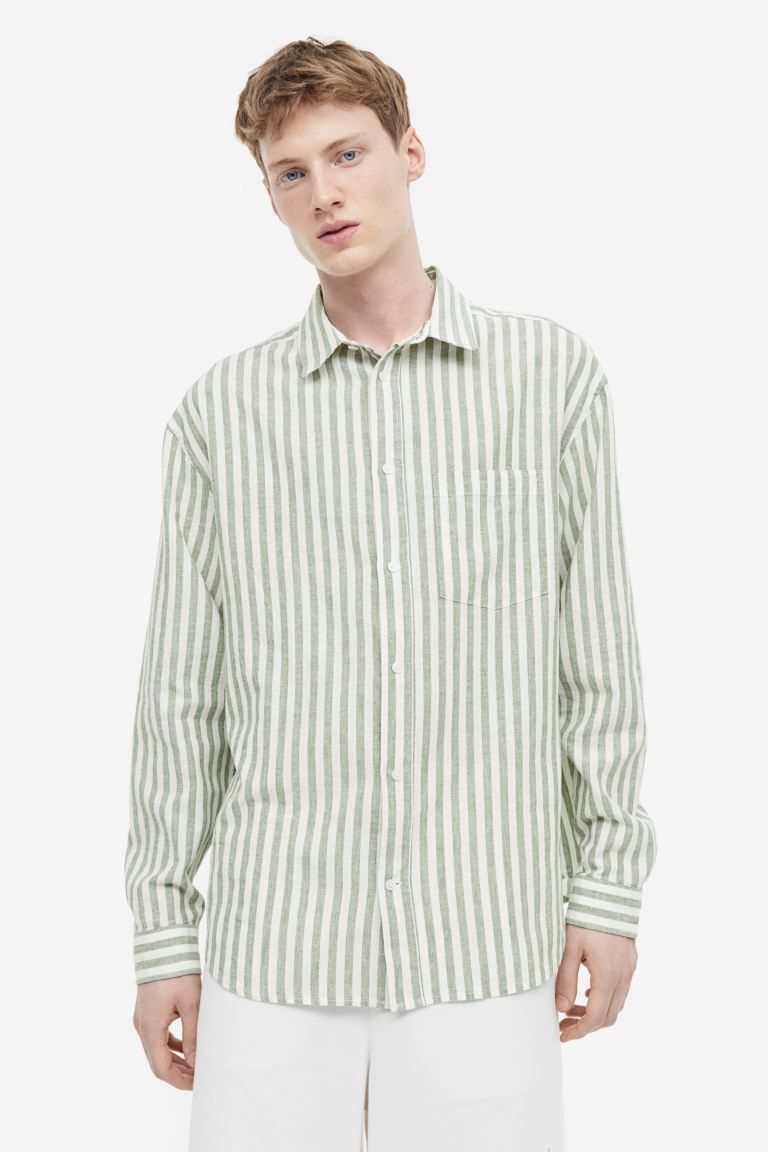 Relaxed Fit Linen-blend Shirt - Green/white striped - Men | H&M US | H&M (US + CA)