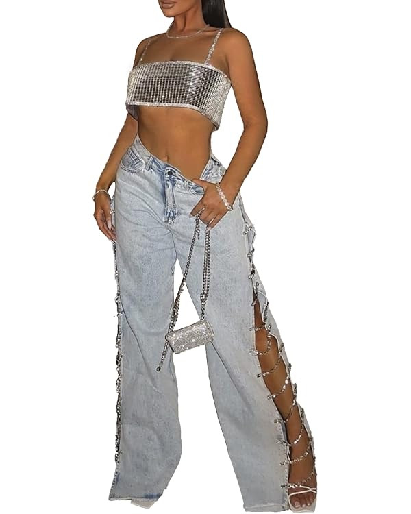 xxxiticat Women's Covered in Diamond Lace Up Jeans High Rise Wide Leg Rhinestone Bandage Fringe H... | Amazon (US)