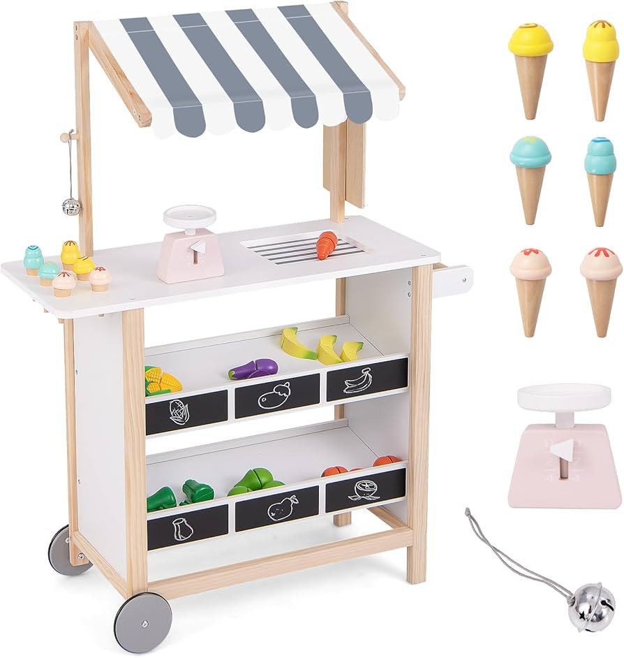 GLACER Ice Cream Cart for Kids - Wood Grocery Store Pretend Play with Ice Cream Making Counter, P... | Amazon (US)