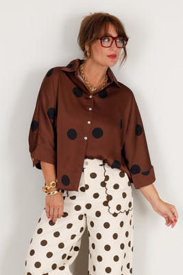 One More Time Brown Polka Dot Short Sleeve Blouse Brown / Large | The Willow Tree