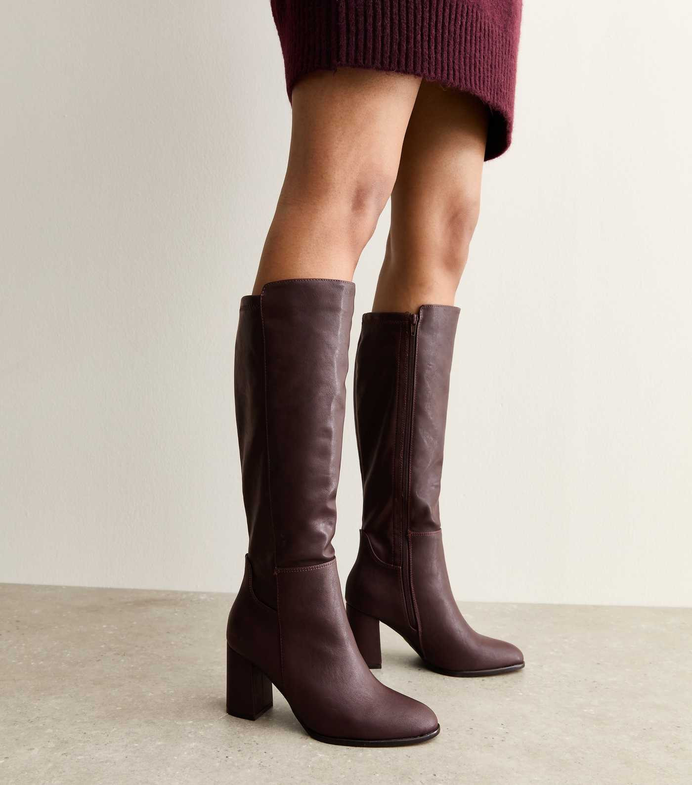 Wide Fit Burgundy Faux Leather Block Heel Boots | New Look | New Look (UK)