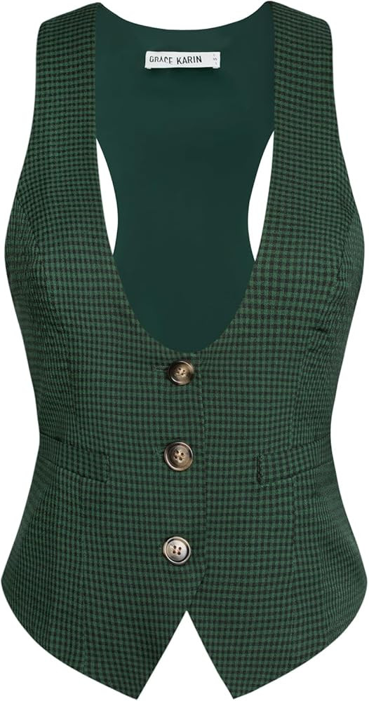 GRACE KARIN Women's Suit Vest Top, Dressy Casual Sleeveless Button Wasitcoat, Fromal Steampunk Bl... | Amazon (US)