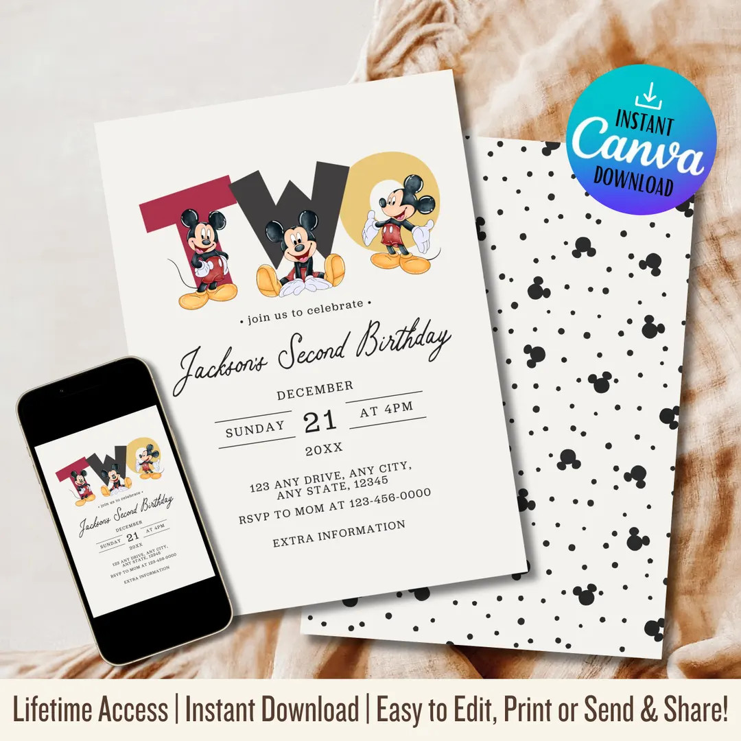 Mickey Mouse Second Birthday Invitation, Oh Twodles Invite (Digital Download) | Etsy (US)