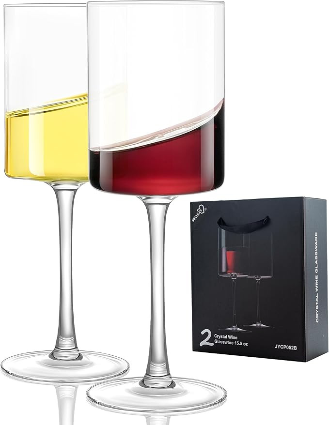 MICHLEY Square Crystal Wine Glasses Set of 2-15.5 oz large Long Stem Glassware Red/White Glasses ... | Amazon (US)