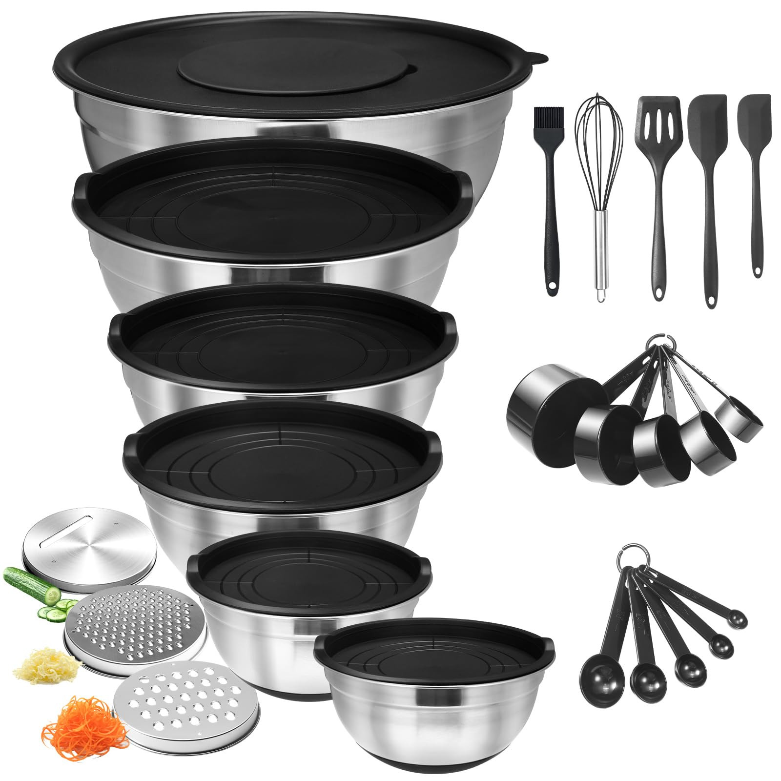 Juego de 24 cuencos de acero inoxidable con 6 tapas herméticas y 3 ralladores, base antideslizan... | Amazon (US)