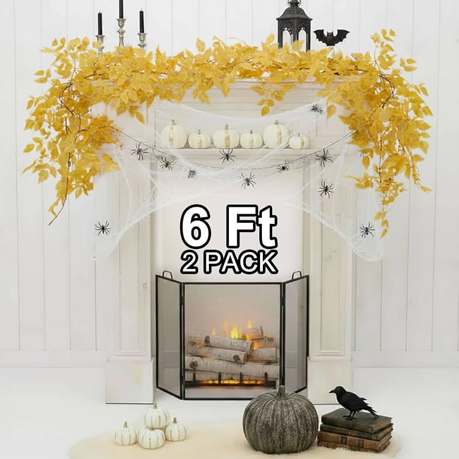 Neutral Fall Garland for Mantle Fireplace - 2 Pack 6Ft Plum Cimicifuga Seeded Leaf Garlands Yello... | Amazon (US)