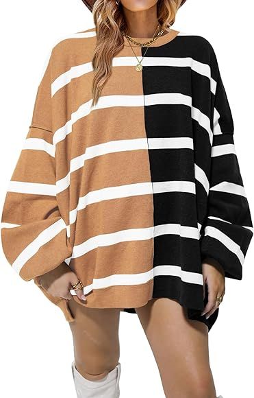 Fisoew Womens Striped Pullover Sweater Crew Neck Long Sleeve Knitted Color Block Casual Loose Lig... | Amazon (US)