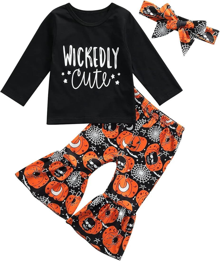 Hnyenmcko Baby Girl Halloween Clothes Set Long Sleeve Letter Tops Pumpkin Bell-Bottoms Pants with... | Amazon (US)