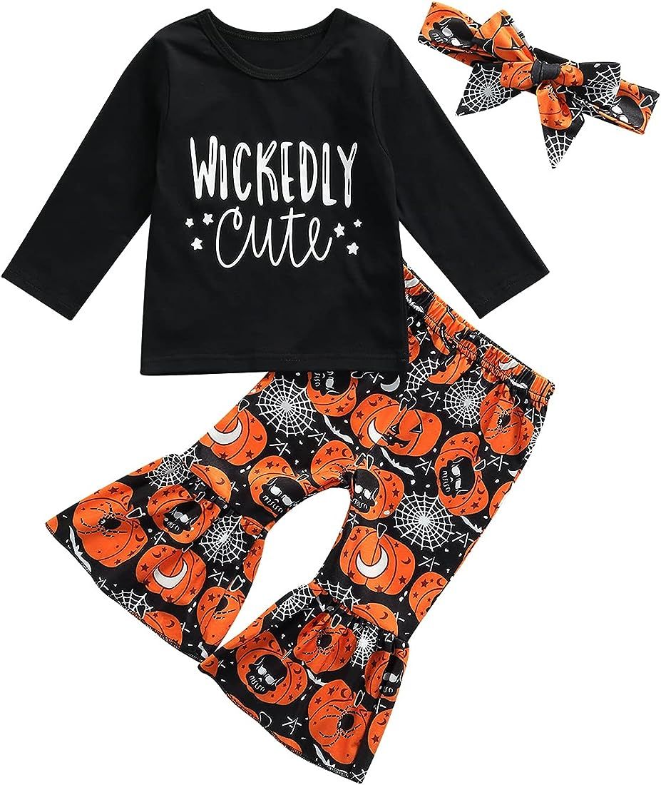 Hnyenmcko Baby Girl Halloween Clothes Set Long Sleeve Letter Tops Pumpkin Bell-Bottoms Pants with... | Amazon (US)