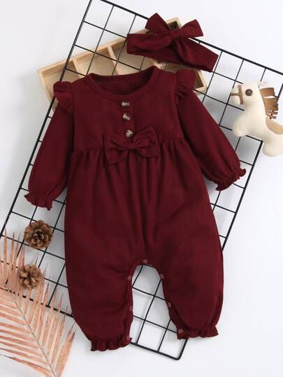 Baby Bow Front Half Button Jumpsuit & Headband | SHEIN