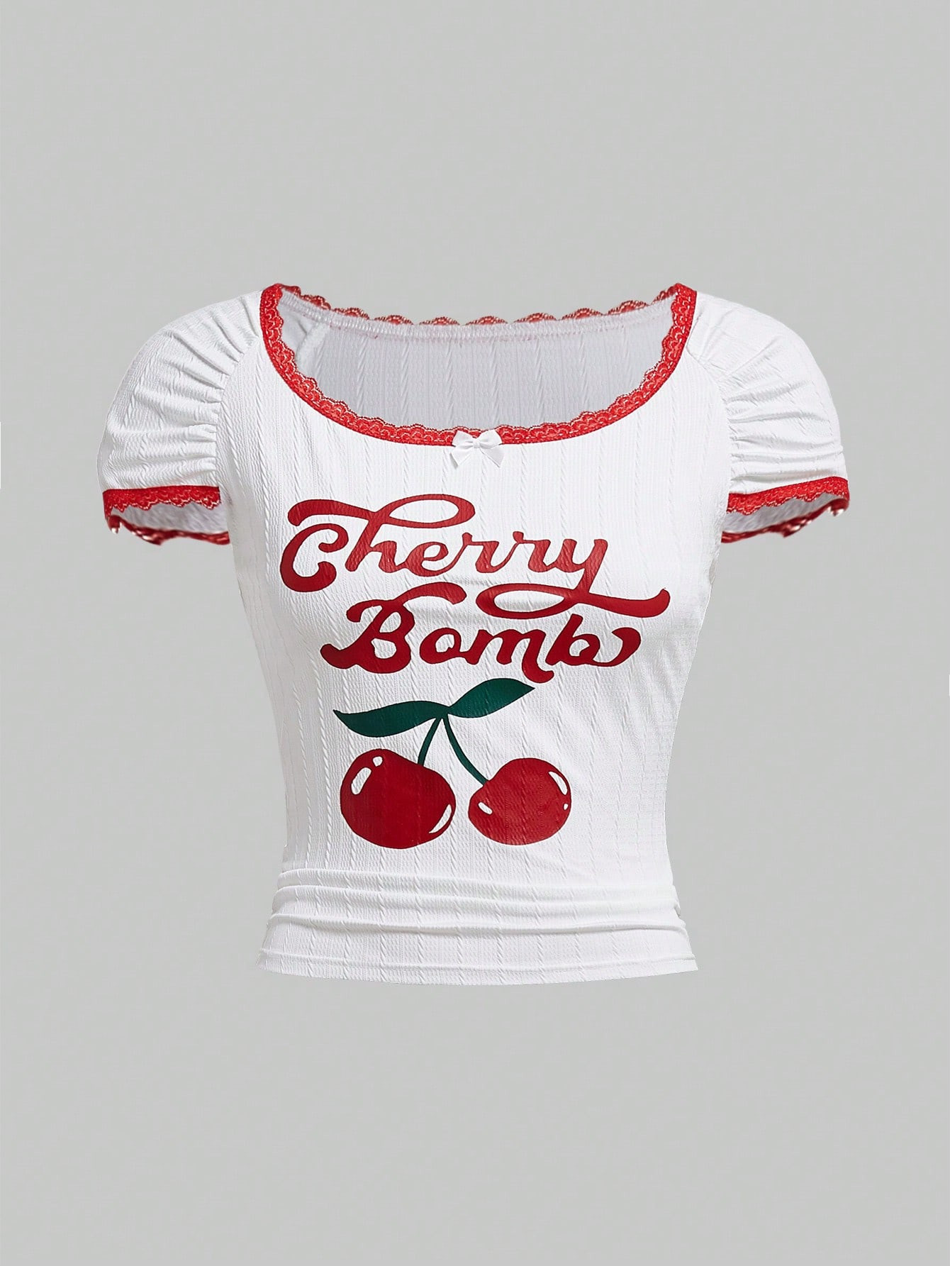 ROMWE Plus Size Cherry & Letter Print Lace Trim Tee For Summer, School | SHEIN