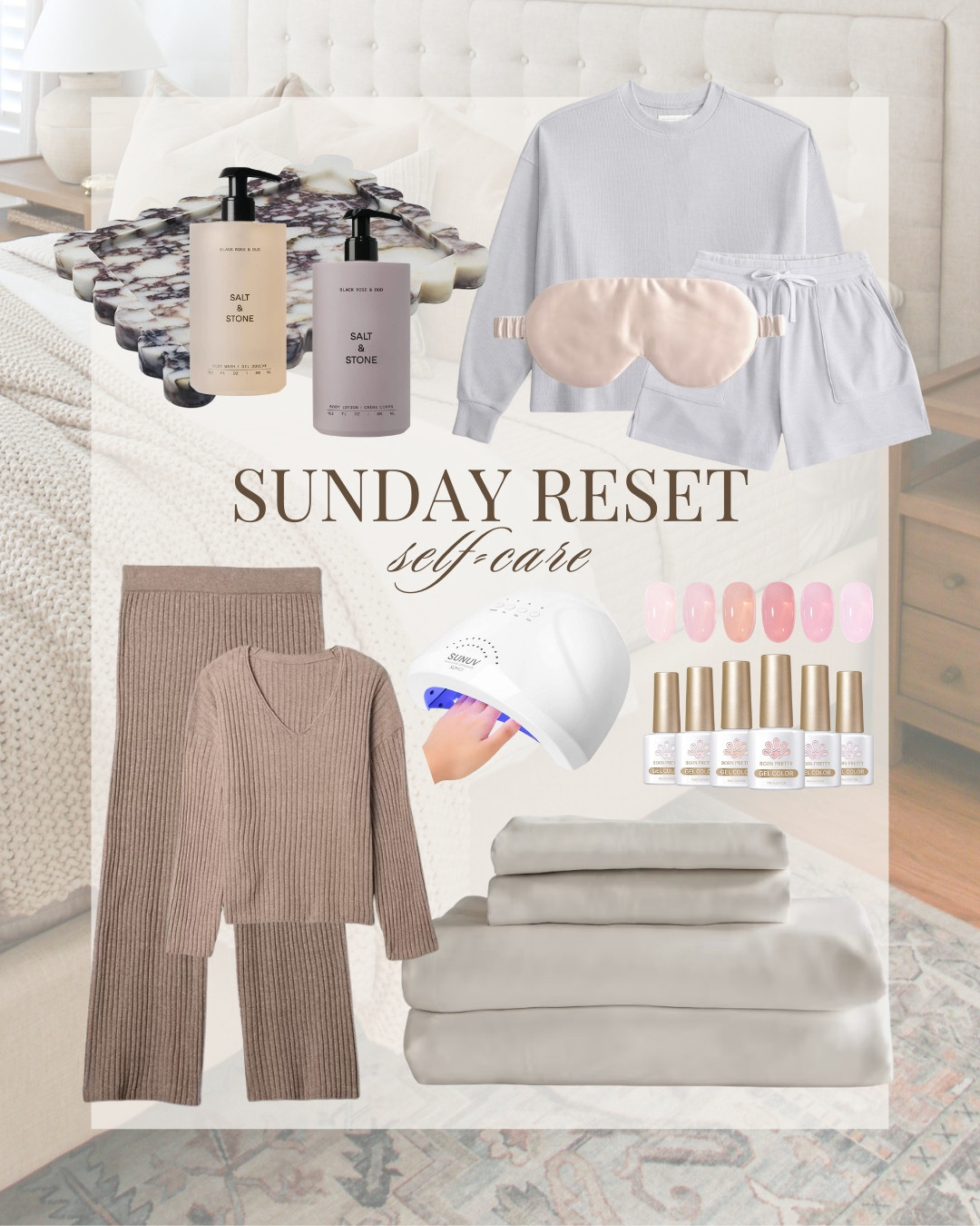 Sunday self-care finds!

bamboo sheets, loungewear, gel nails at home, sleep mask, marble bathroom vanity tray, Salt and Stone body wash and lotion 

 #LTKOver40 #LTKHome #LTKBeauty