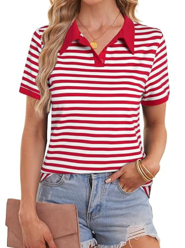 LilyCoco Striped Shirt Women Collared Polo Shirts Short Sleeve Color Block Summer Tops Red X-Large | Amazon (US)