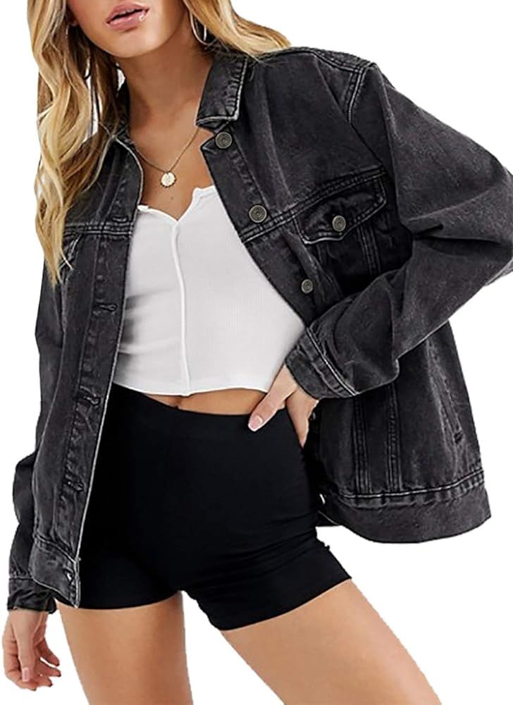 Oversized Jean Jacket Women Vintage Washed Boyfriend Denim Jacket Classic Loose Jean Trucker Jack... | Amazon (US)