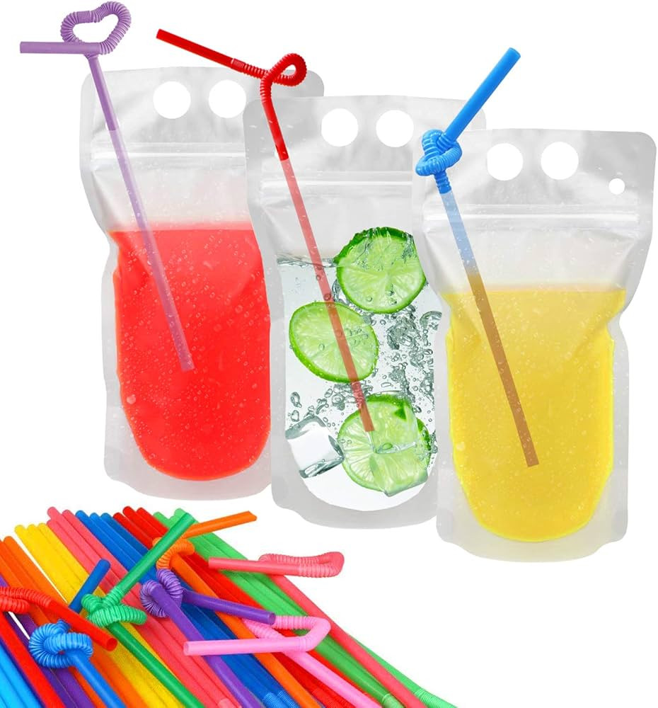 100 Pcs Drink Pouches with 100 Straw Holes, Freezable Juice Pouches, Translucent Reclosable Zippe... | Amazon (US)