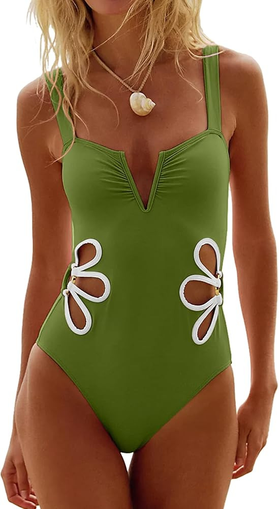 seamoly One Piece Swimsuit Women Slimming Floral Cut Out Color Block Bathing Suit Ruched Cheeky 1... | Amazon (US)