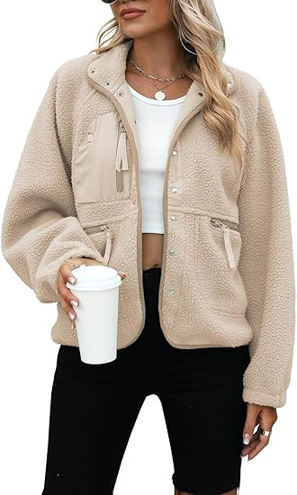 Yanekop Womens Fleece Jacket Fuzzy Long Sleeve Short Coats Button Down Sherpa Outerwear with Pock... | Amazon (US)