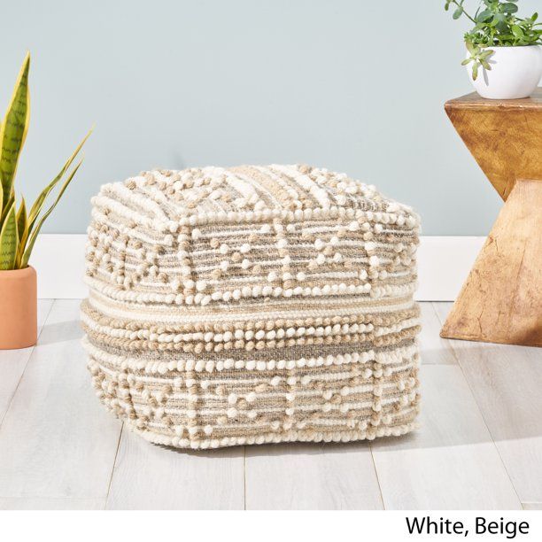 Ishara Contemporary Wool and Cotton Pouf Ottoman, White and Beige | Walmart (US)
