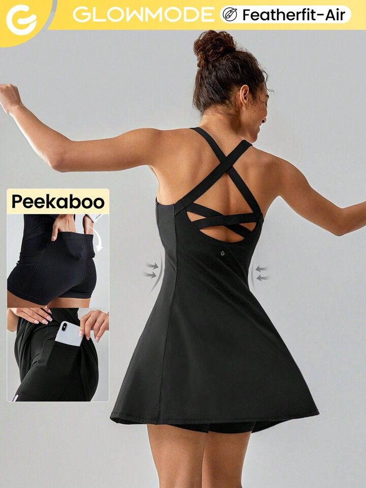 GLOWMODE FeatherFit™-Air Peekaboo Square Neck Pocket Anti-Slip Crisscross Mini Dress With Built... | SHEIN