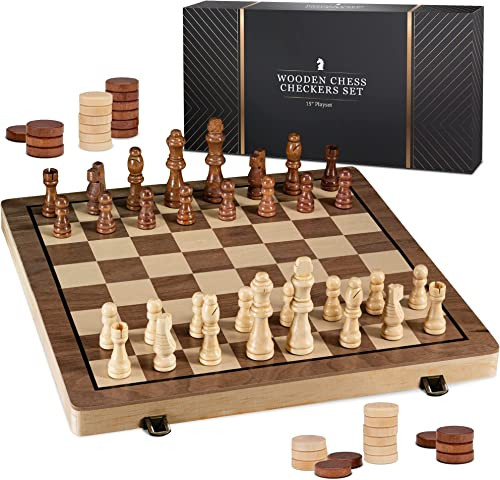 PlayVibe Wooden Chess Set 15'' - Checkers & Chess Board Game with 2 Extra Queens - Handmade Chess Sets for All Ages - Family, Travel Board Games | Amazon (US)