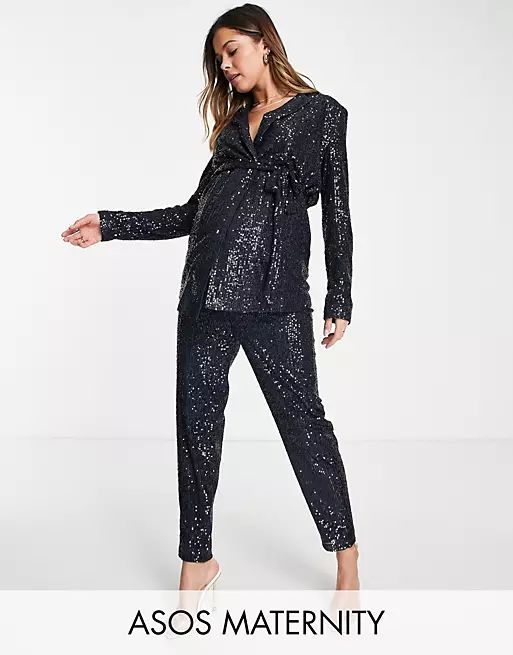 ASOS DESIGN Maternity jersey sequin suit wrap blazer in midnight navy | ASOS (Global)