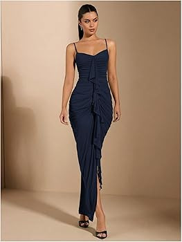 Floerns Women's Ruffle Ruched Cami Dress Draped Split Elegant Bodycon Maxi Dresses | Amazon (US)