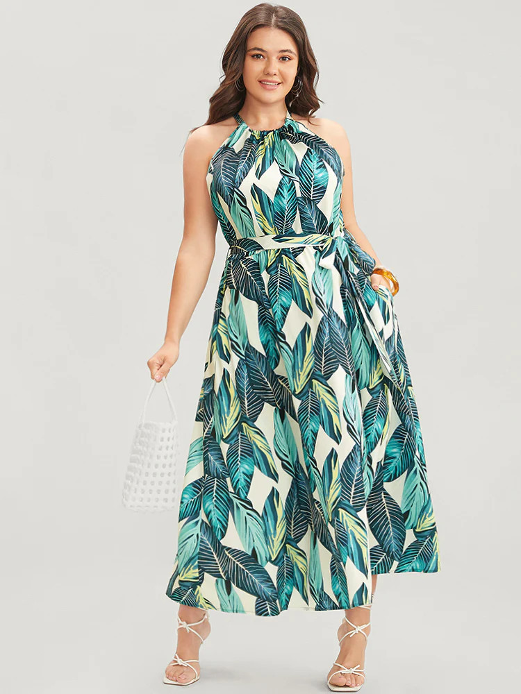 Tropical Print Knotted Pocket Ruffles Belted Halter Dress | Bloomchic