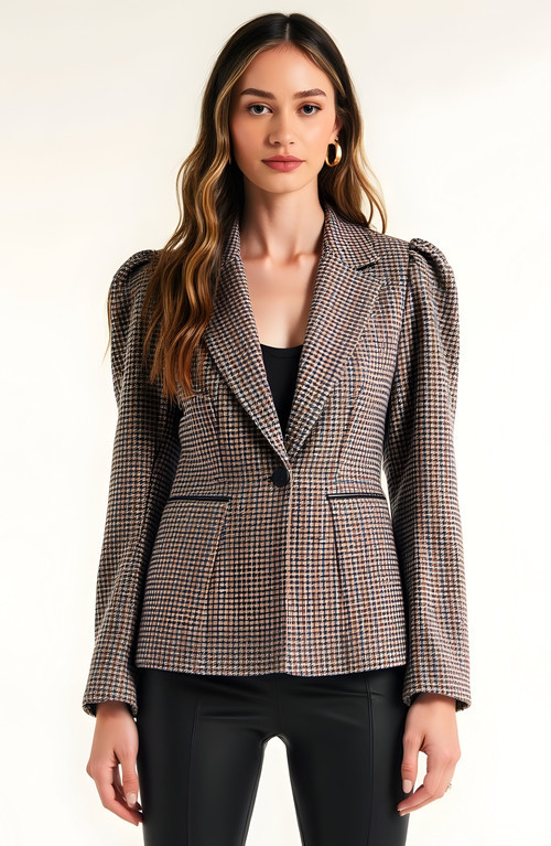 Modenaire Houndstooth Blazer with Puff Shoulders, Notch Lapels and Single Button in Brown/beige Houndstooth at Nordstrom, Size Large | Nordstrom