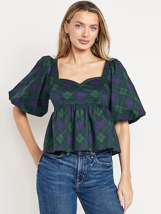Puff-Sleeve Plaid Poplin Peplum Top | Old Navy (US)