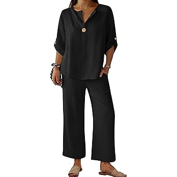 ANRABESS Womens Summer 2 Piece Lounge Sets 3/4 Sleeve V Neck Top Wide Leg Palazzo Pants Set 2026 ... | Amazon (US)