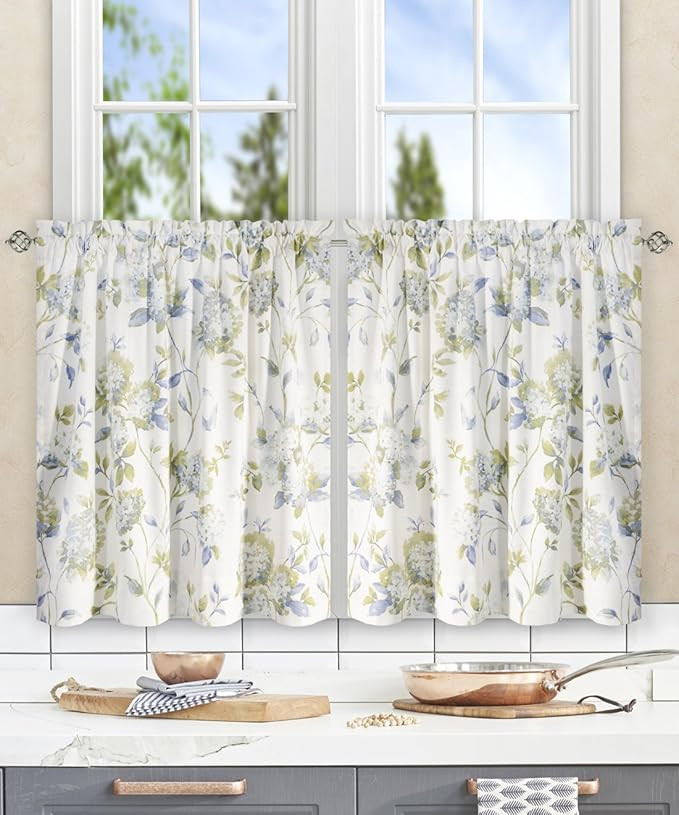 Simple Comfort Abigail Traditional Hydrangea Floral Print (Tailored Tier Curtains, 56 x 24, Porce... | Amazon (US)