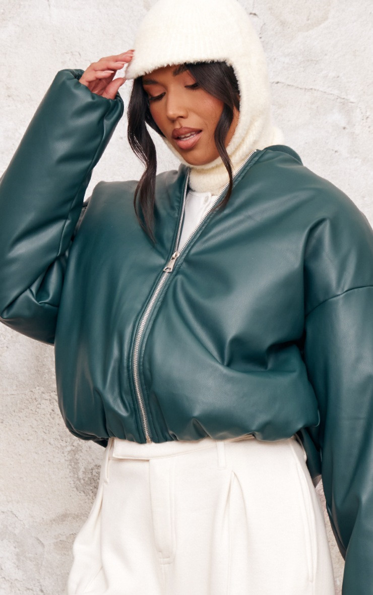 Green Faux Leather Oversized Bomber Jacket | PrettyLittleThing US