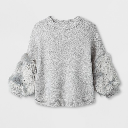 Toddler Girls' 3/4 Sleeve Faux Fur Cuff Pullover Sweater - Cat & Jack™ Gray | Target