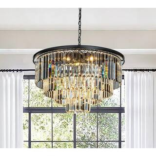 32in. 8-Light Modern Matte Black 4-Tier Round Crystal Fringe Chandelier for Dining Room | The Home Depot