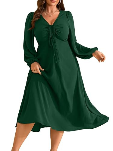 RWJ Fall Wedding Guest Dresses for Women, Plus Size Maxi with Pockets V Neck Long Sleeve Tie Front Wedding Guest Cocktail Casual Dress Emerald Green X-Large | Amazon (US)