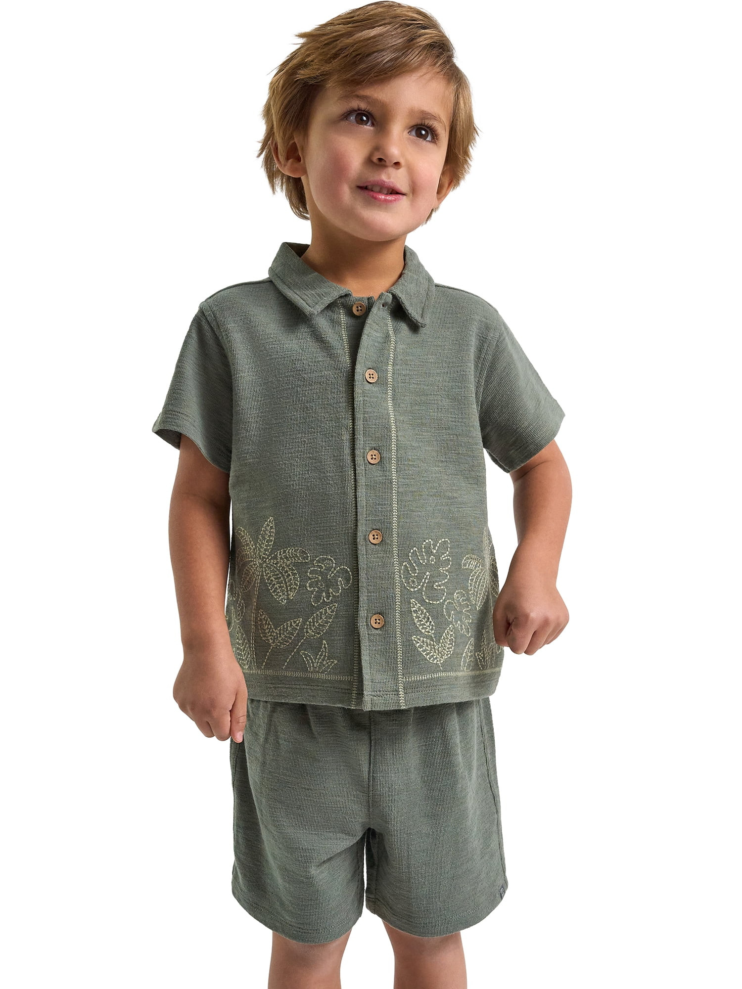Modern Moments by Gerber Toddler Boy Button Front Shirt with Embroidery Set, 2-Piece, Sizes 12 Mo... | Walmart (US)
