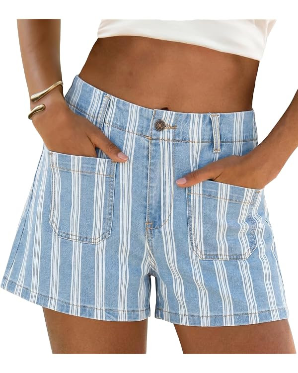 Cicy Bell Womens Summer Striped Jean Shorts Casual High Waisted Wide Leg Denim Shorts Beach Vacat... | Amazon (US)