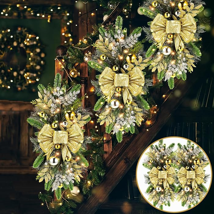 Lyrow 4 Pack Christmas Swag for Stairs Decorating,Gold,Rustic | Amazon (US)