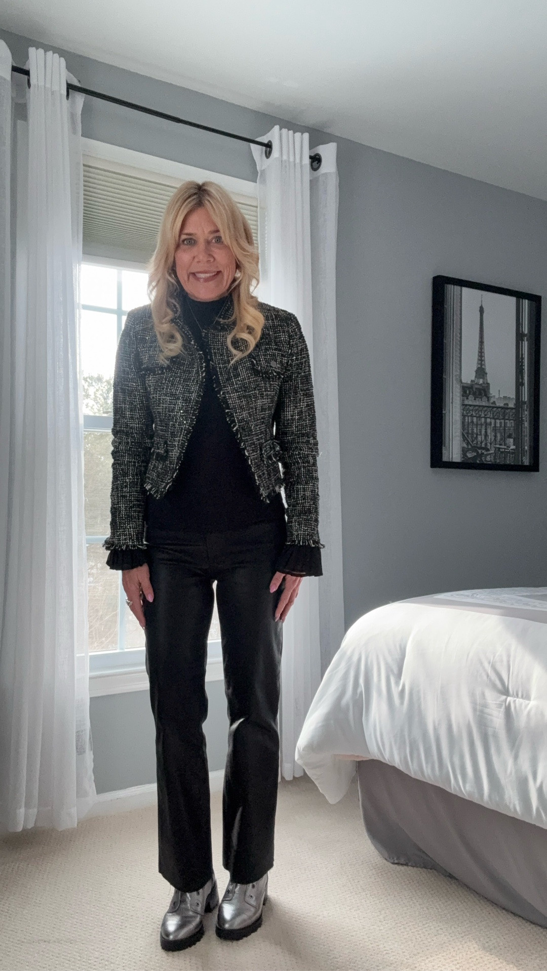 Winter travel outfit as I fly to Zurich. I love the warmth and stylish look of a blazer layered over a blouse or top. These coated denim are supper comfortable and keep their shape when you exit the plane. Wearing silver metallic embellished lug some boots. 

Blazer and top are by Mimt Velvet. Both size small. Denim is true to size. Wearing size 26.

#LTKPetite #LTKOver40 #LTKootd