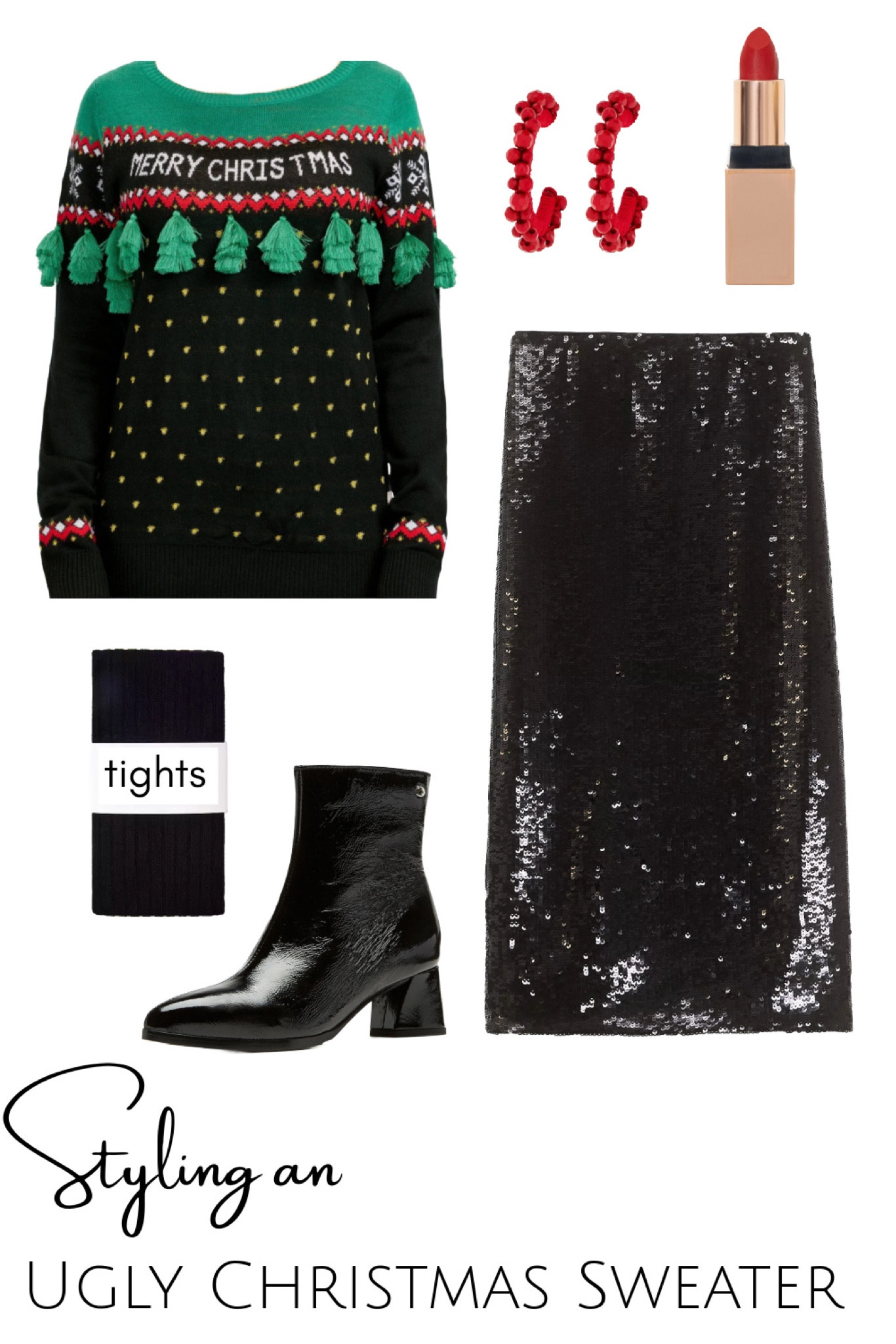 I think one of the most fun and festive ways to style an ugly Christmas sweater is to pair it with a sequined skirt. The longer the skirt the more you should tuck it in. Add black tights and boots for a continuous leg line to lengthen but also to stay warm yet still dressy 

#LTKHoliday #LTKSeasonal #LTKStyleTip