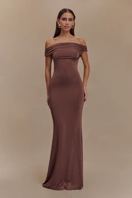 Kinsley Slinky Maxi Dress With Hardware - Chocolate | MESHKI US