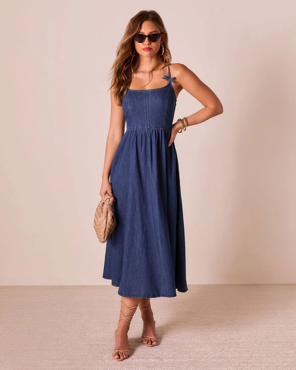 Tide To Me Bow Strap Midi Chambray Dress | VICI
