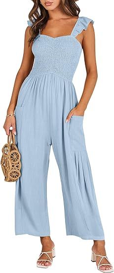 ANRABESS Women Summer Casual Dressy Sleeveless Smocked Wide Leg Linen Jumpsuits Rompers Outfits w... | Amazon (US)