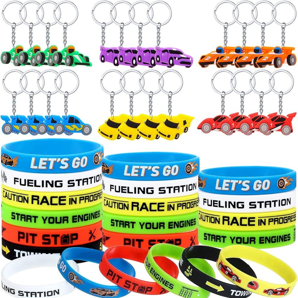 Aoriher 48 Pcs Race Car Birthday Party Favors Racing Rubber Bracelets and Car Theme Keychains Rac... | Amazon (US)