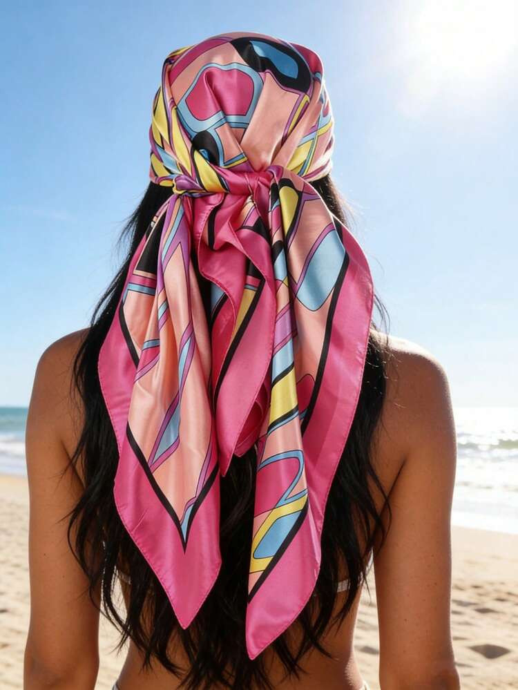 1pc Women's Geometric Pattern Satin Square Scarf, Fuchsia, Fashionable Outdoor Headwear, Valentine's Day Gift,Beach,Holiday,Accessories,Travel Essential | SHEIN