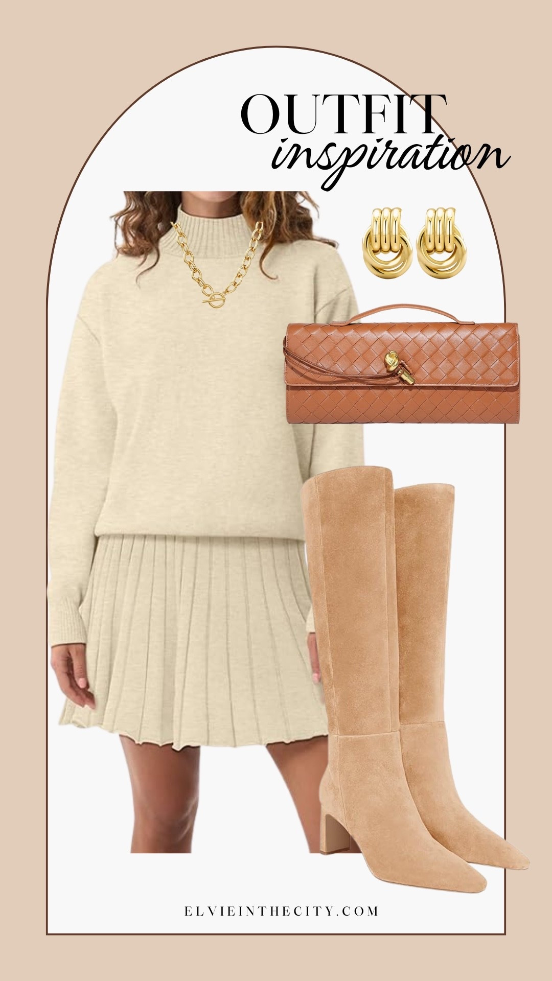 This date night outfit inspiration includes a two-piece sweater and skirt set, a chunky link necklace, gold earrings, a tan clutch, and calf high beige boots.

Ootd, date night outfit, fashion over 40, affordable fashion, over 50 style, amazon fashion

#LTKPetite #LTKOver40 #LTKFindsUnder50