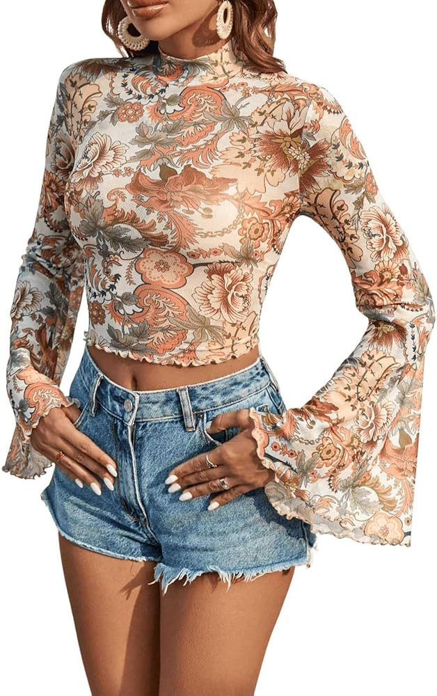 GORGLITTER Women's Floral Print Bell Long Sleeve Crop Blouse 70s Sheer Mesh Mock Neck Shirt Crop ... | Amazon (US)